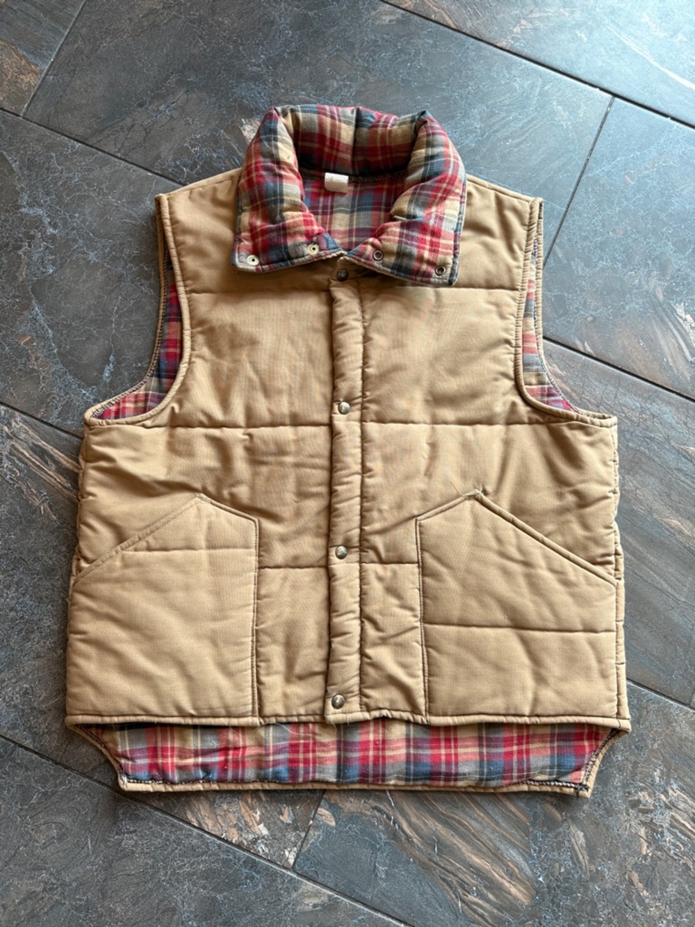 Vintage 1990s quilted puffer vest tan nylon shell & a red plaid flannel lining